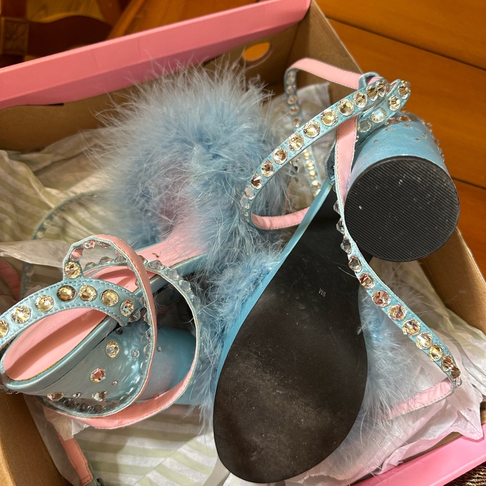 Sugar Thrillz Blue and Pink Feathered Heels with Rhinestones